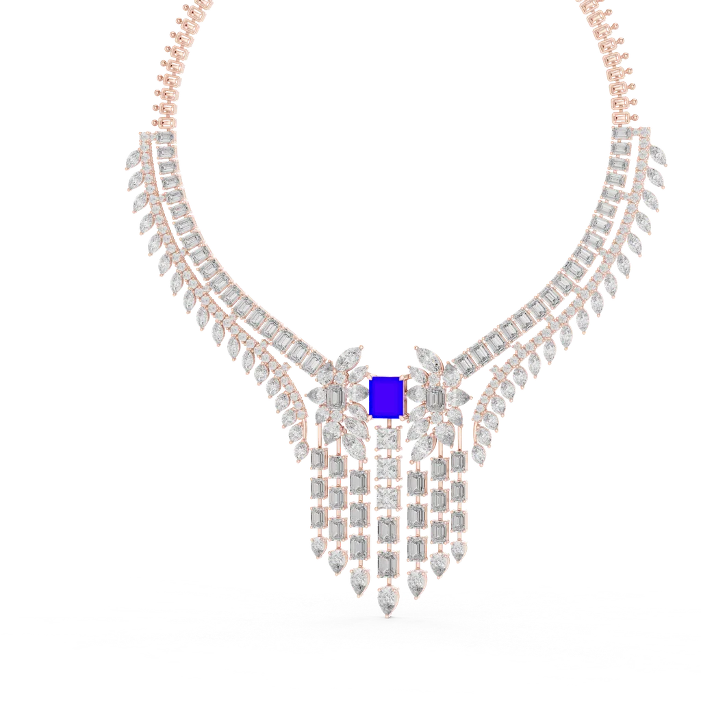 Rose gold pendant with cascading diamonds and sapphire