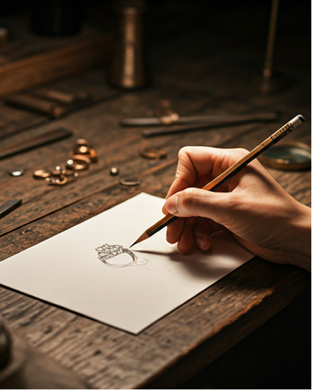 Hand sketching a ring at the atelier bench